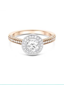 Vintage inspired Halo Engagement ring with rose gold band  (with G/VS2 diamond)