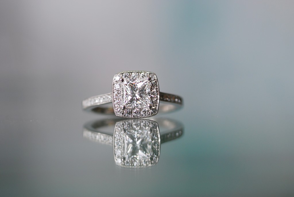 Halo diamond engagement ring with D IF diamond